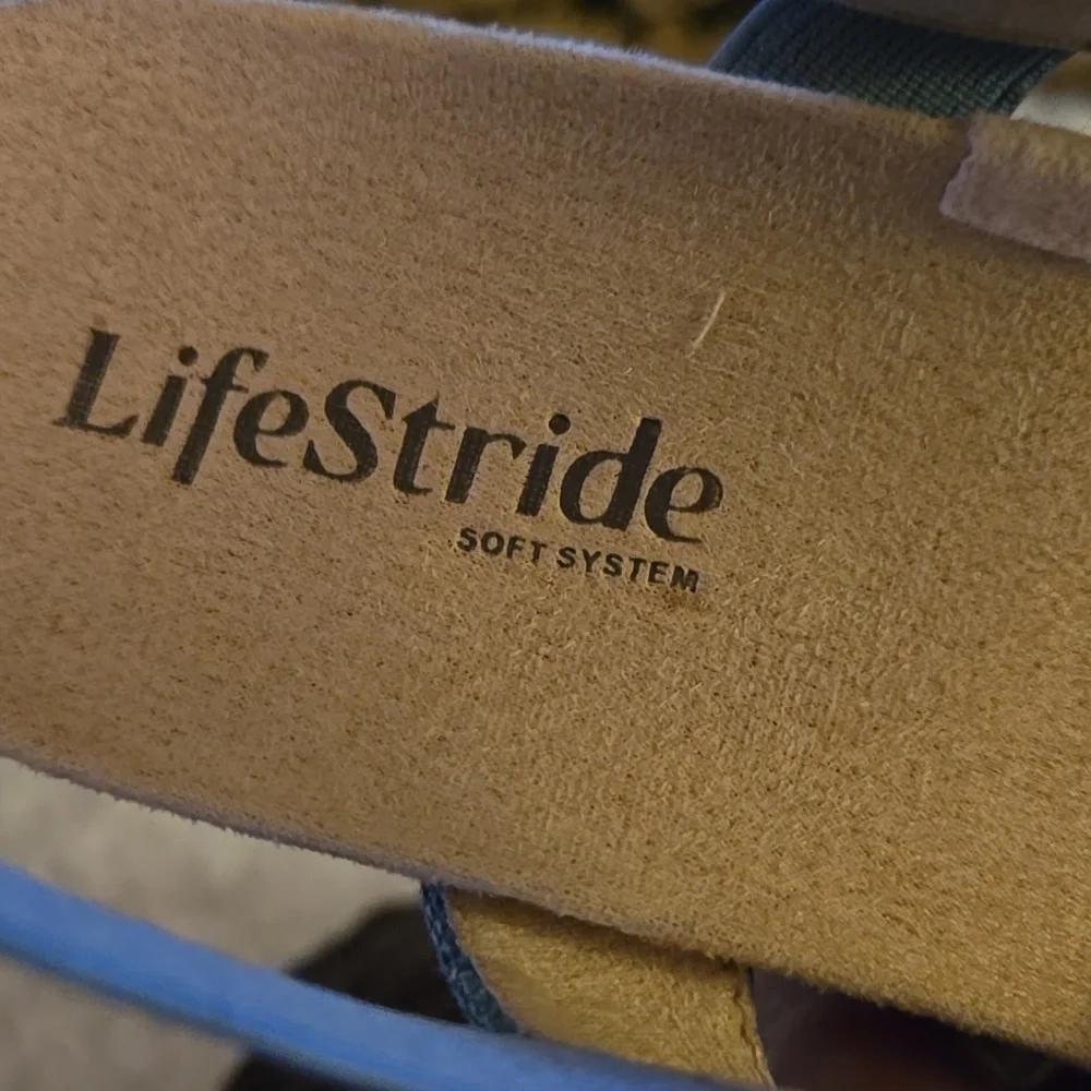 LifeStride Danita Blue Chambray Denim Cork Wedge Sandal Stretch Slingback 8 EUC - Picture 8 of 10